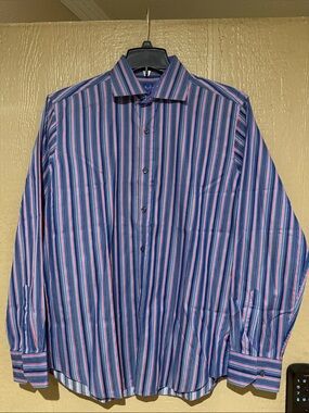 Bugatchi Blue and Pink Vertical Stripe Dress Shirt
